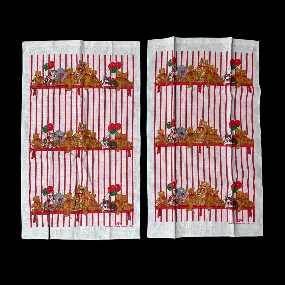 Vintage Hand Towels Red White Stripes Cats Teddy Bears Balloons 1980s Kitschy